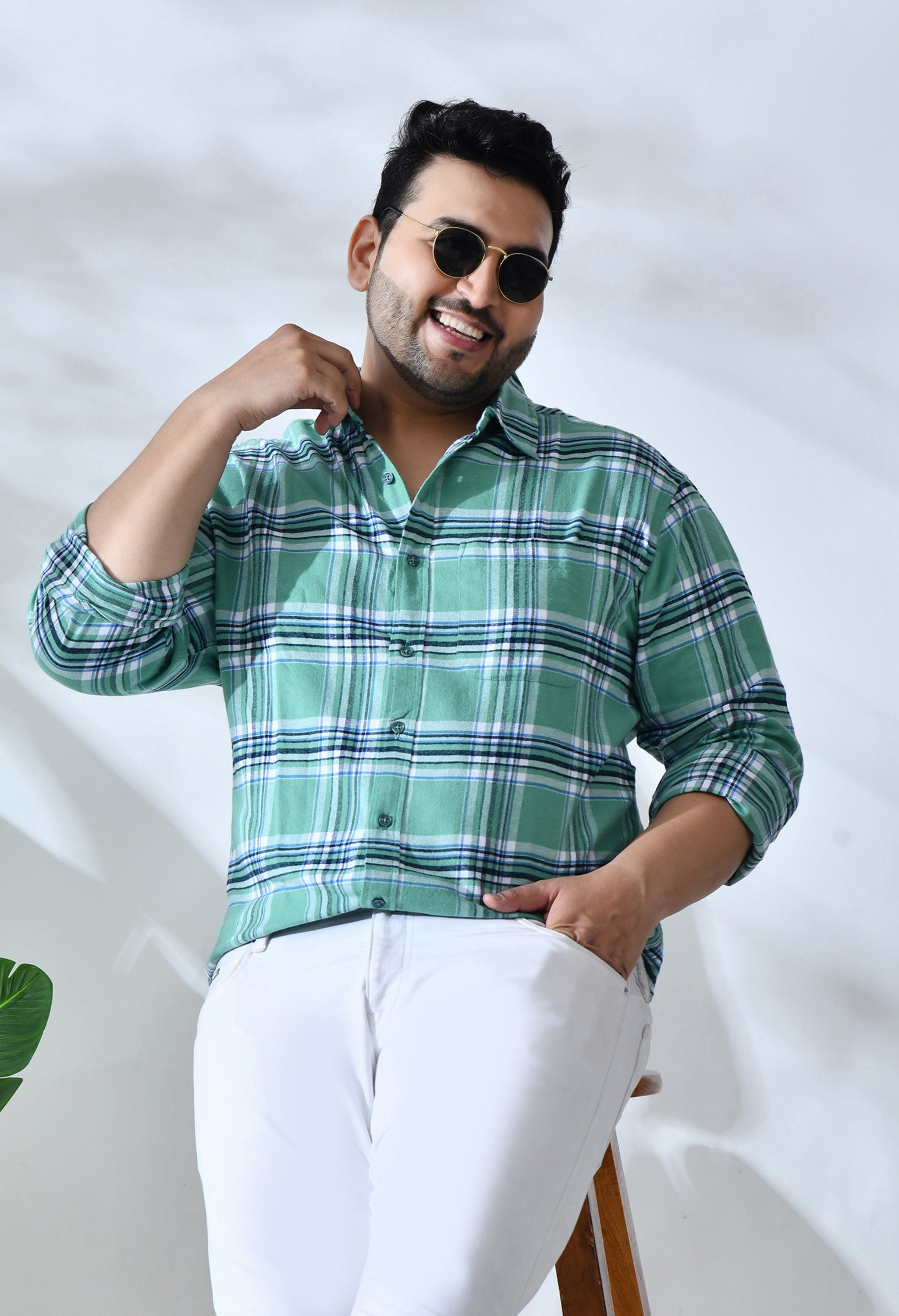 Men Brushed Flannel Mint Green, Navy and White Checkered Classic Fit Pocket Smart Casual Shirt