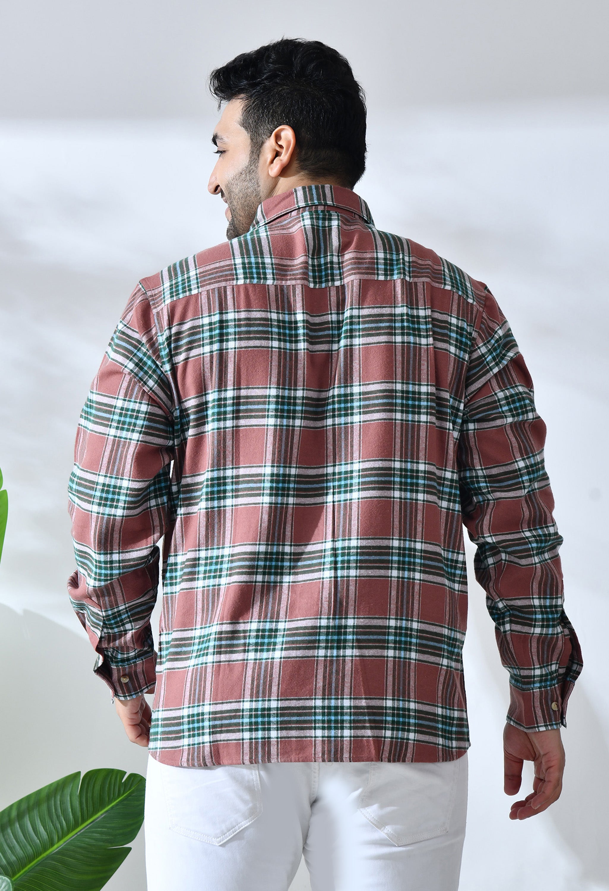 Men Brushed Flannel Brown and Green Checkered Classic Fit 1 Pocket Smart Casual Shirt