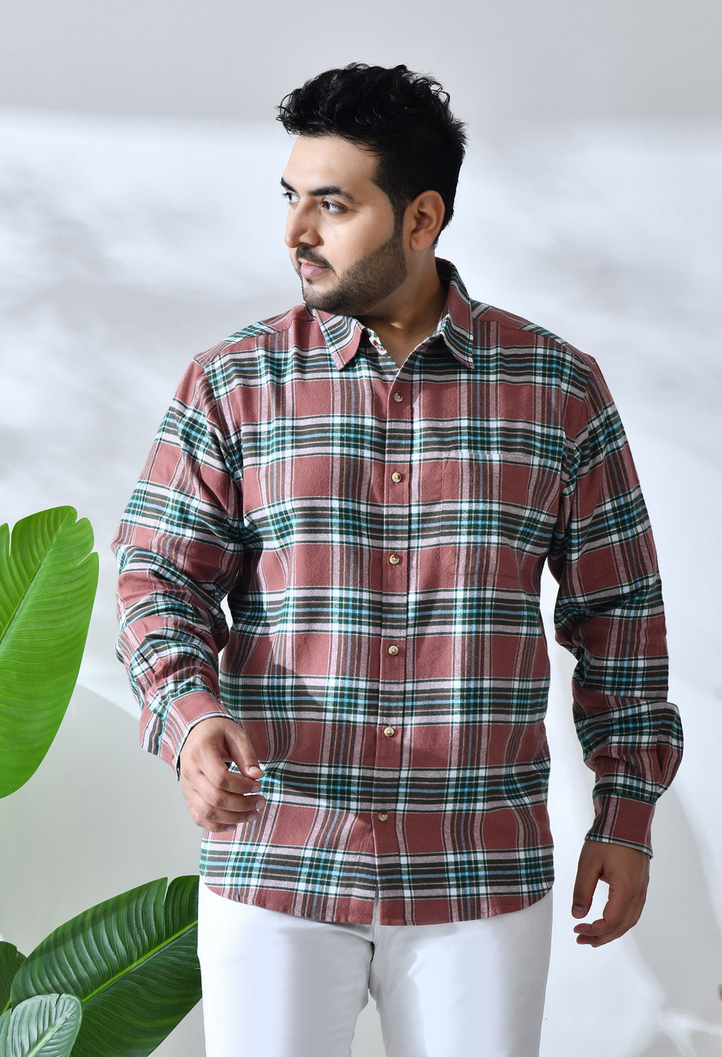 Men Brushed Flannel Brown and Green Checkered Classic Fit 1 Pocket Smart Casual Shirt
