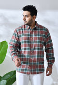 Men Brushed Flannel Brown and Green Checkered Classic Fit 1 Pocket Smart Casual Shirt