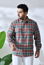 Men Brushed Flannel Brown and Green Checkered Classic Fit 1 Pocket Smart Casual Shirt