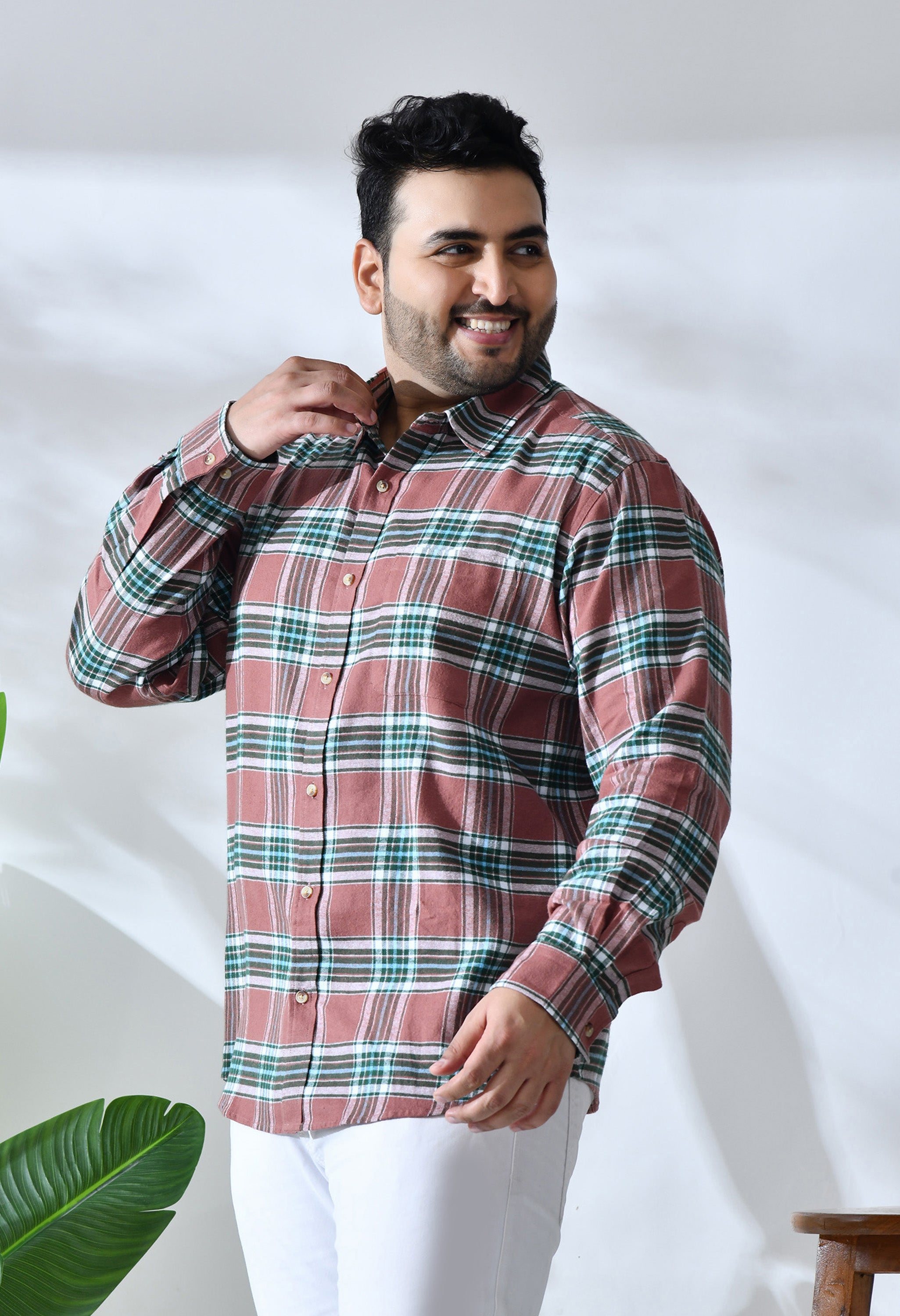 Men Brushed Flannel Brown and Green Checkered Classic Fit 1 Pocket Smart Casual Shirt