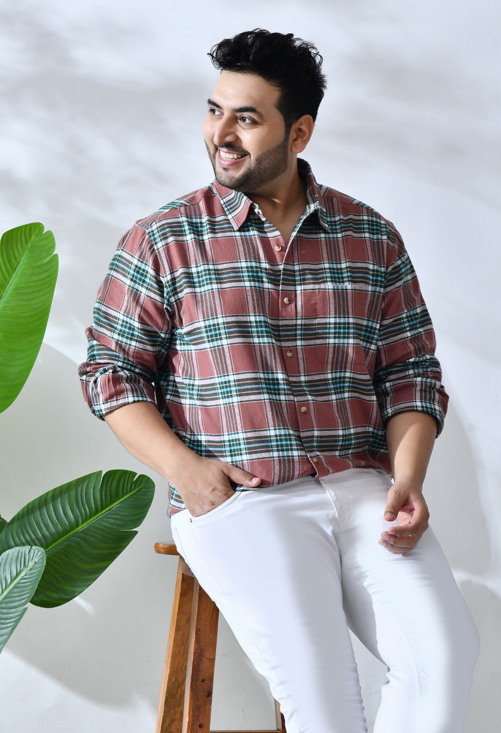 Men Brushed Flannel Brown and Green Checkered Classic Fit 1 Pocket Smart Casual Shirt