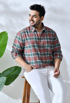 Men Brushed Flannel Brown and Green Checkered Classic Fit 1 Pocket Smart Casual Shirt