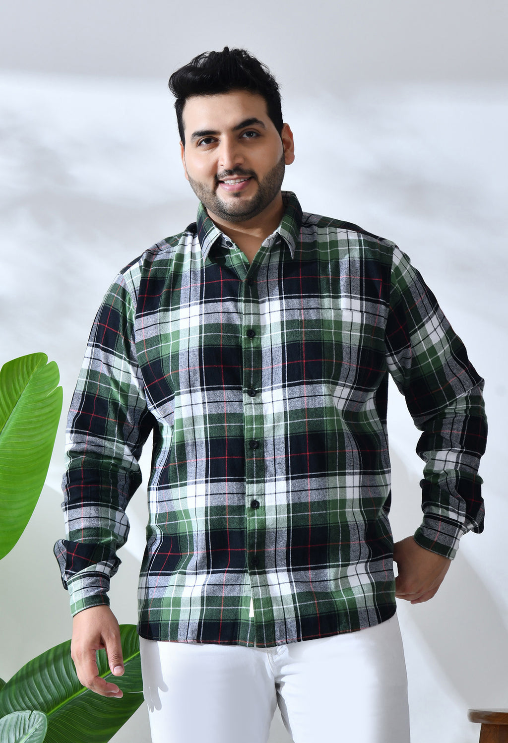 Men Brushed Flannel Green Black and White Checkered Classic Fit 1 Pocket Smart Casual Shirt