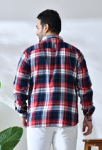Men Brushed Flannel Navy Red and White Checkered Classic Fit 1 Pocket Smart Casual Shirt