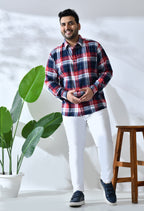 Men Brushed Flannel Navy Red and White Checkered Classic Fit 1 Pocket Smart Casual Shirt