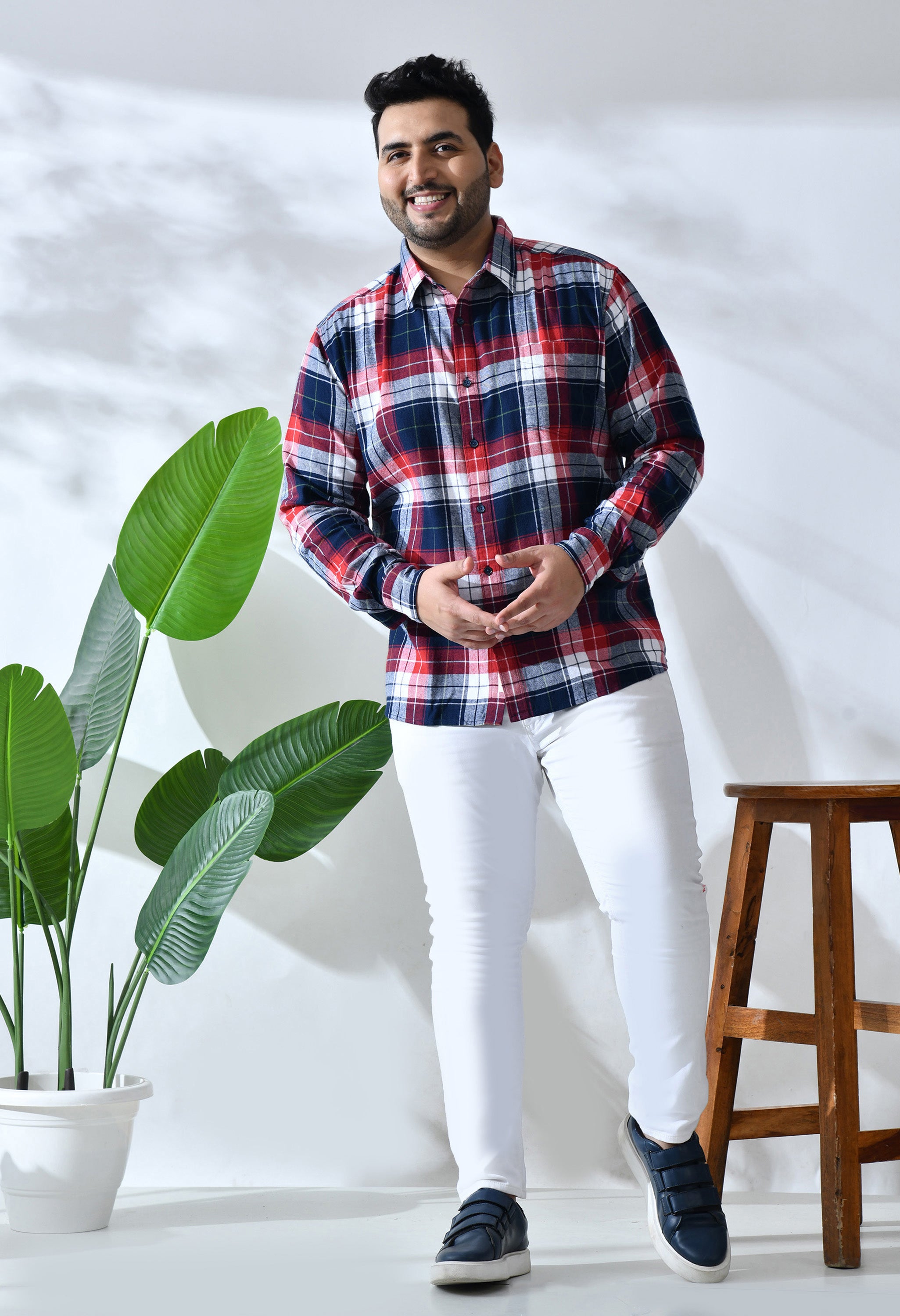 Men Brushed Flannel Navy Red and White Checkered Classic Fit 1 Pocket Smart Casual Shirt