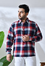 Men Brushed Flannel Navy Red and White Checkered Classic Fit 1 Pocket Smart Casual Shirt