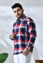 Men Brushed Flannel Navy Red and White Checkered Classic Fit 1 Pocket Smart Casual Shirt