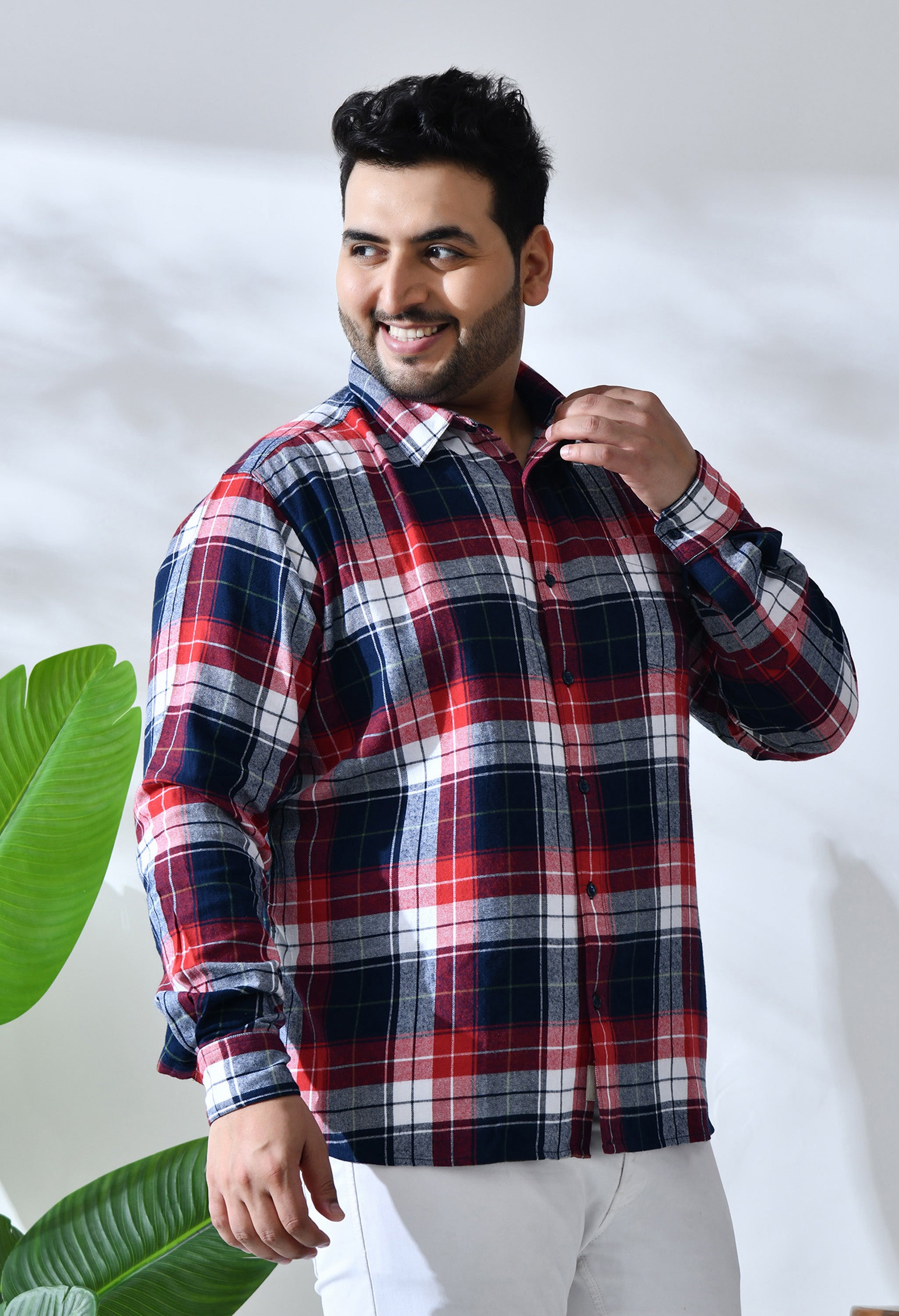 Men Brushed Flannel Navy Red and White Checkered Classic Fit 1 Pocket Smart Casual Shirt