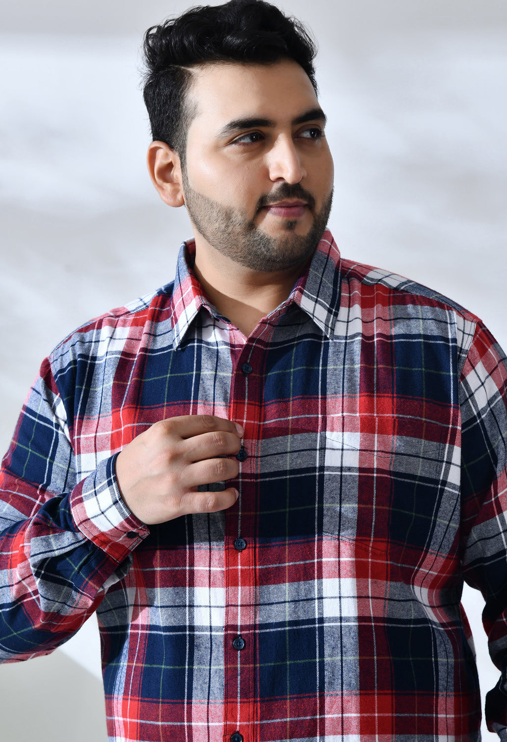 Men Brushed Flannel Navy Red and White Checkered Classic Fit 1 Pocket Smart Casual Shirt