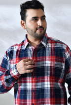 Men Brushed Flannel Navy Red and White Checkered Classic Fit 1 Pocket Smart Casual Shirt