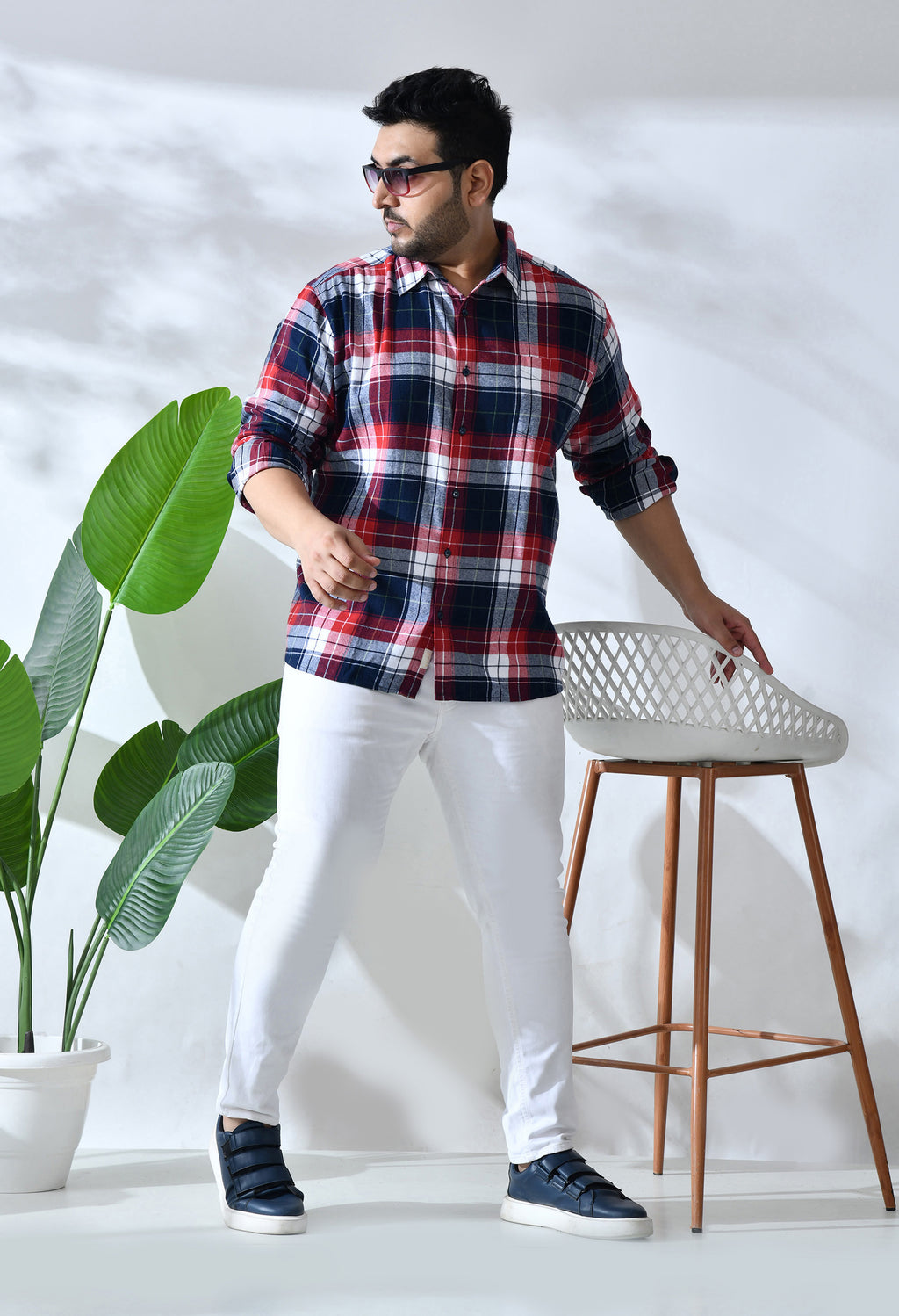 Men Brushed Flannel Navy Red and White Checkered Classic Fit 1 Pocket Smart Casual Shirt