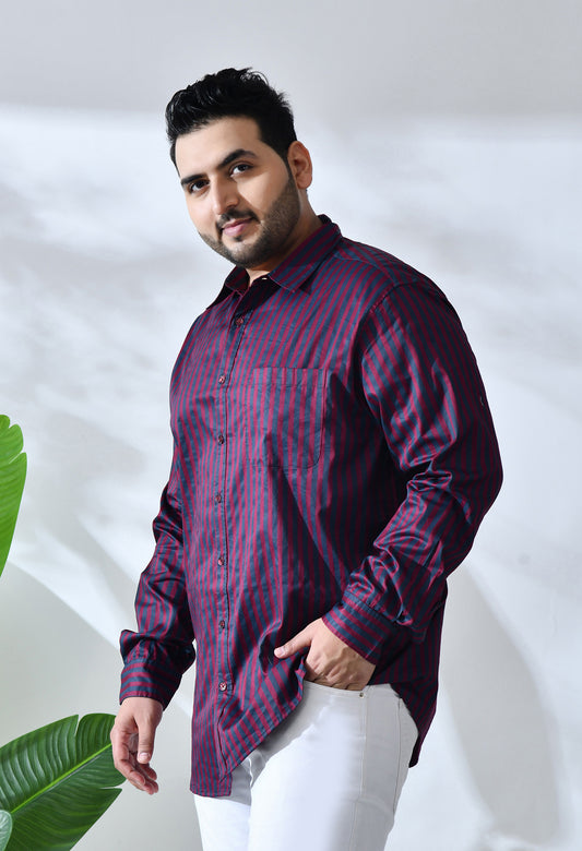 Men Cotton Maroon and Grey Stripes Classic Fit Pocket Smart Casual Shirt