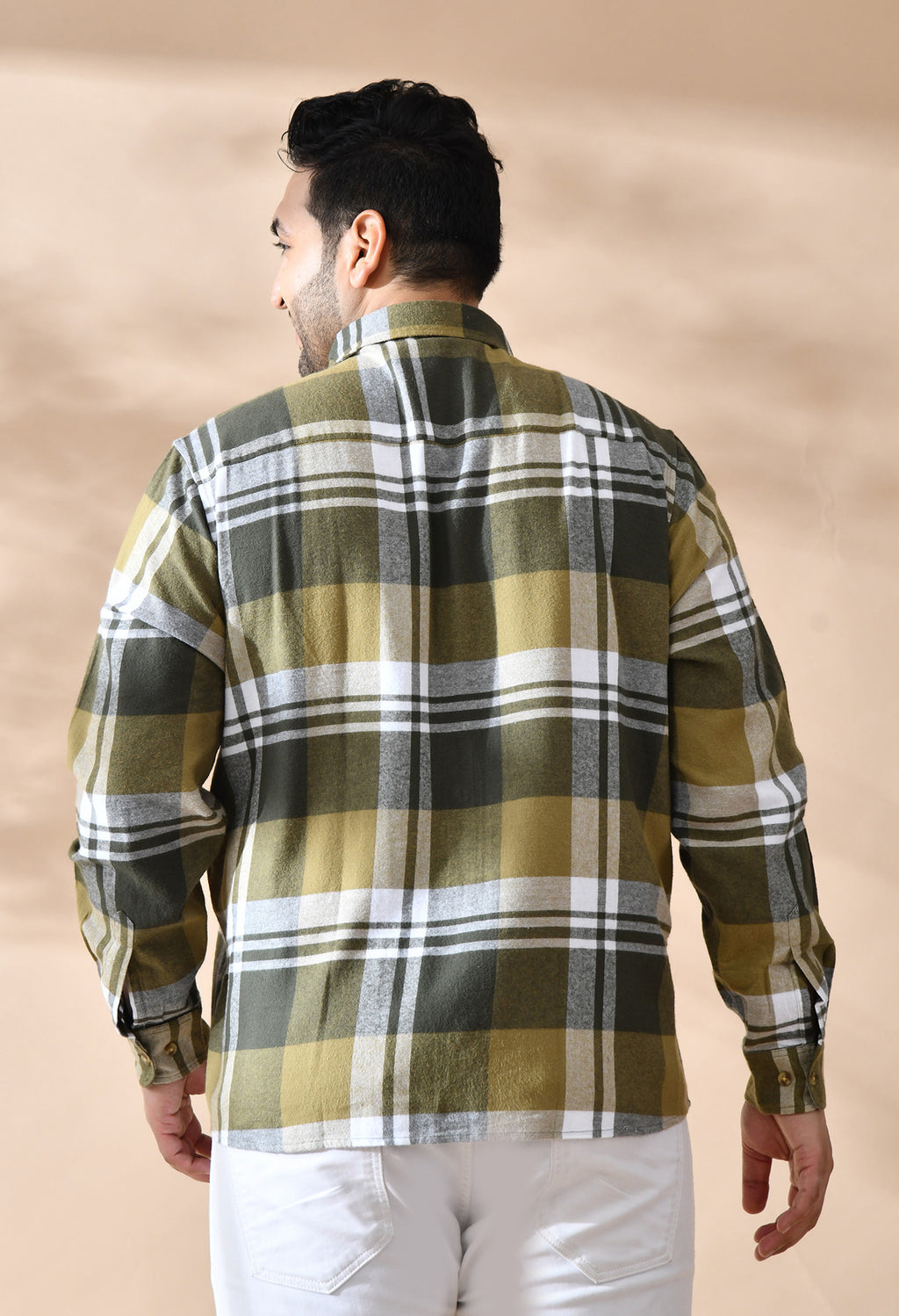 Men Brushed Flannel Olive and White Checkered Classic Fit 1 Pocket Smart Casual Shirt style-1209