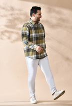 Men Brushed Flannel Olive and White Checkered Classic Fit 1 Pocket Smart Casual Shirt style-1209