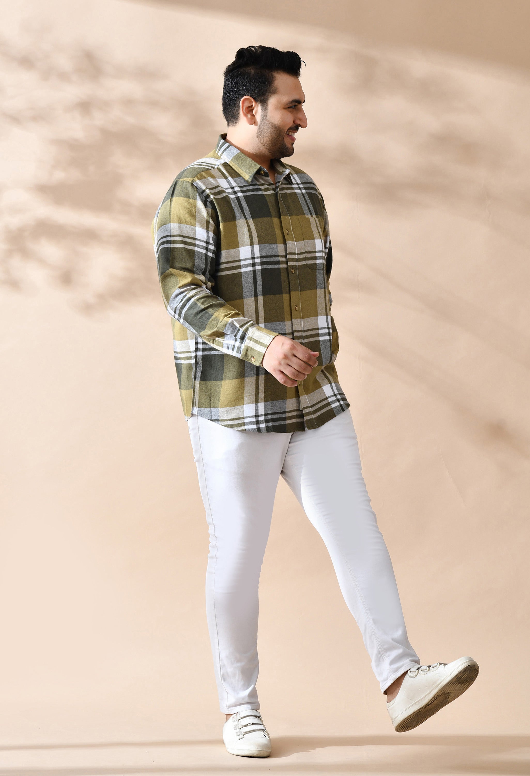 Men Brushed Flannel Olive and White Checkered Classic Fit 1 Pocket Smart Casual Shirt style-1209