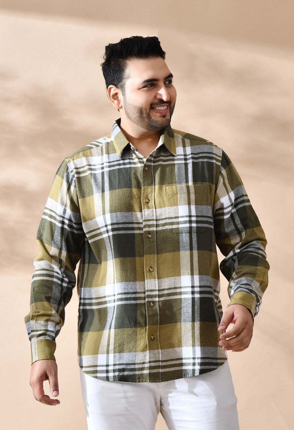 Men Brushed Flannel Olive and White Checkered Classic Fit 1 Pocket Smart Casual Shirt style-1209