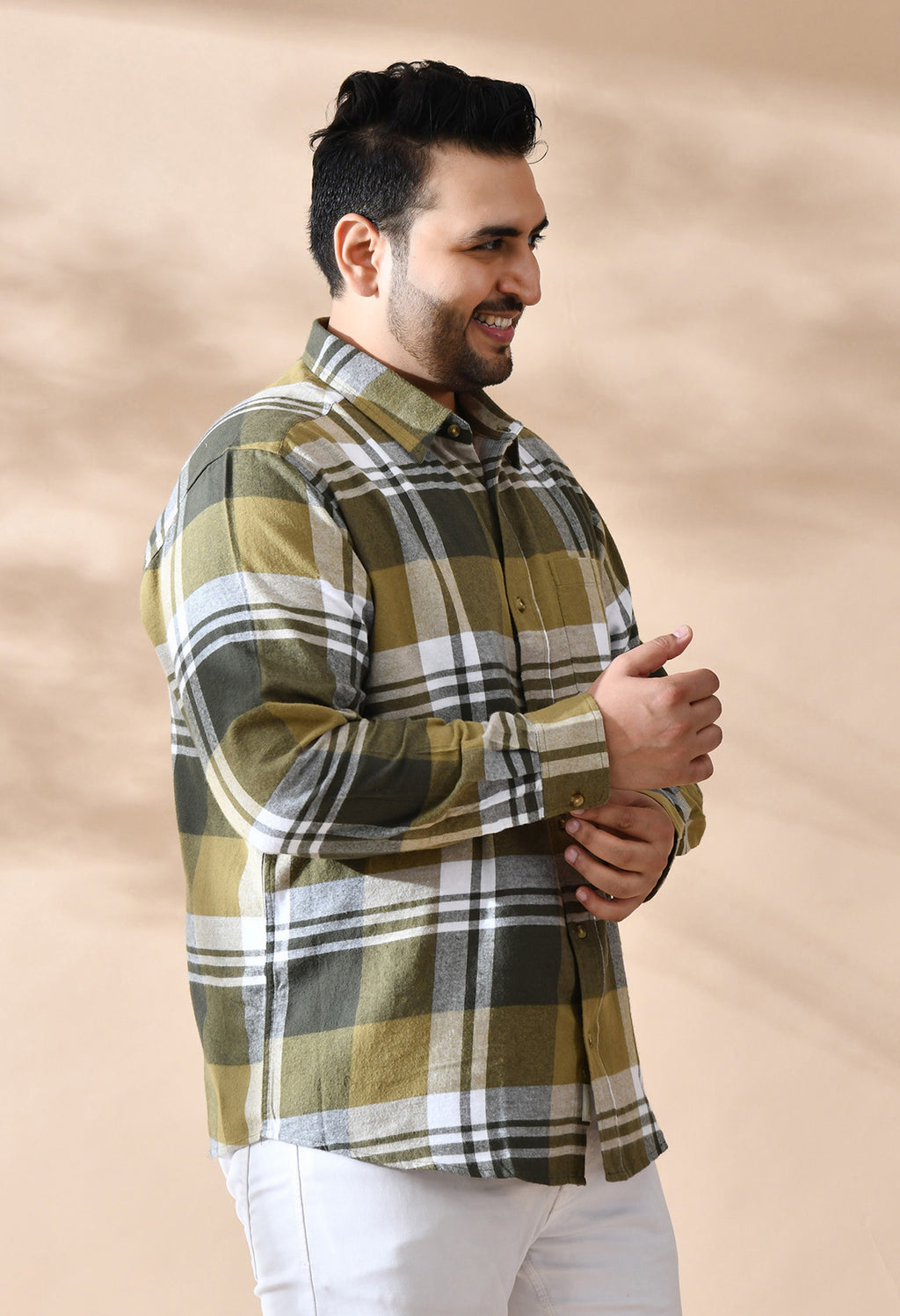 Men Brushed Flannel Olive and White Checkered Classic Fit 1 Pocket Smart Casual Shirt style-1209