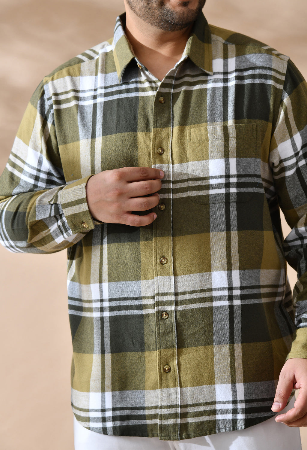 Men Brushed Flannel Olive and White Checkered Classic Fit 1 Pocket Smart Casual Shirt style-1209