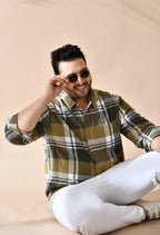Men Brushed Flannel Olive and White Checkered Classic Fit 1 Pocket Smart Casual Shirt style-1209