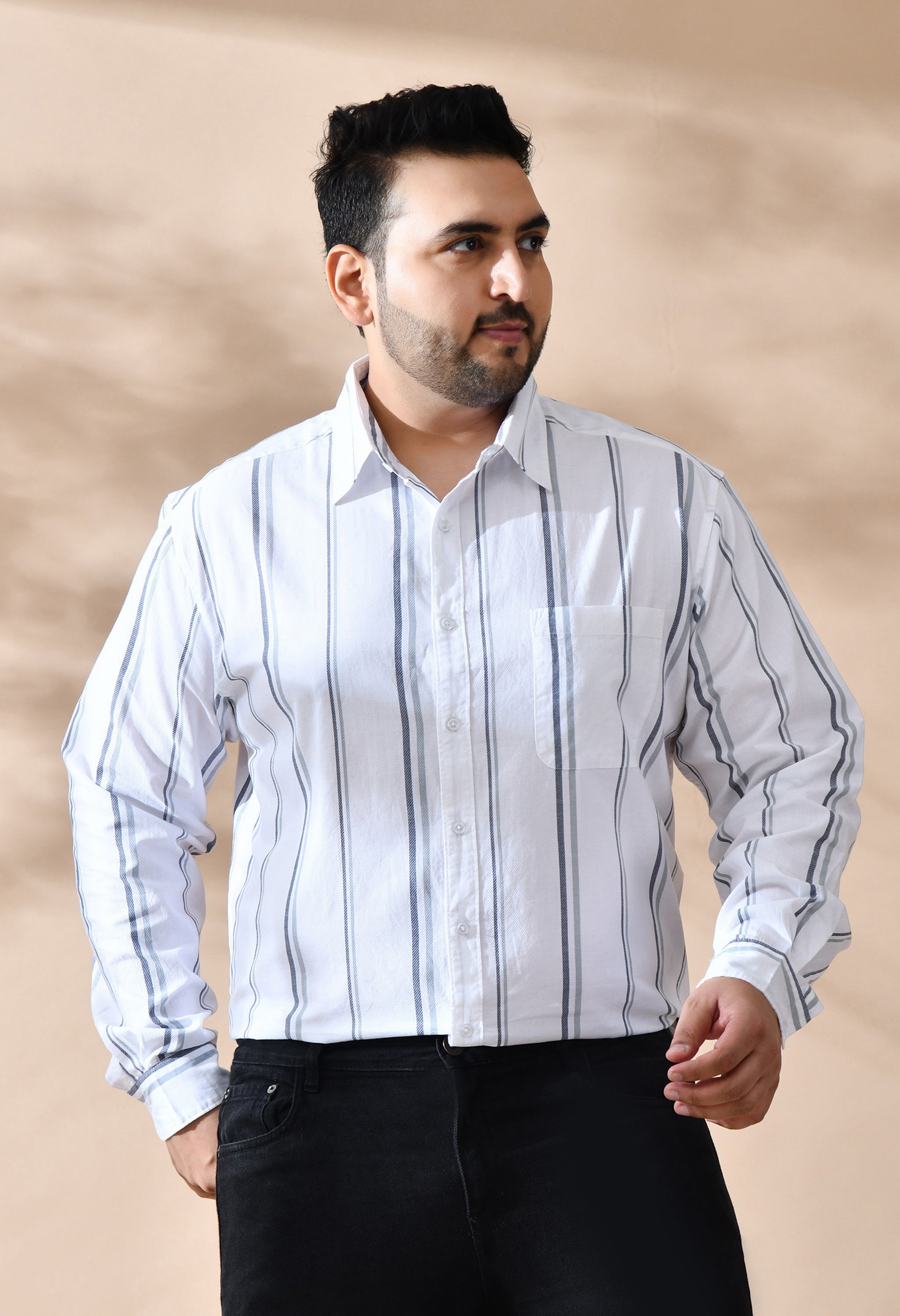 Men Cotton White and Grey Stripes Classic Fit Pocket Smart Casual Shirt Style- 1220-White