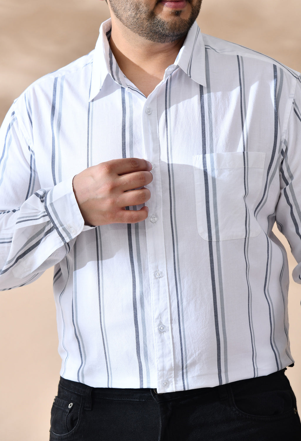 Men Cotton White and Grey Stripes Classic Fit Pocket Smart Casual Shirt Style- 1220-White