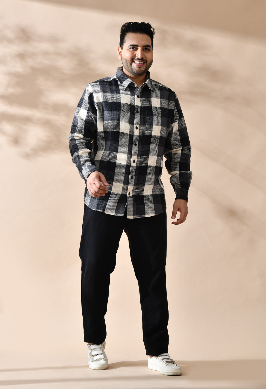 Men Brushed Flannel Cotton Black and Grey Stripes Classic Fit Pocket Smart Casual Shirt style-1221