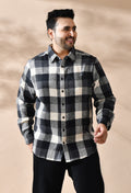 Men Brushed Flannel Cotton Black and Grey Stripes Classic Fit Pocket Smart Casual Shirt style-1221