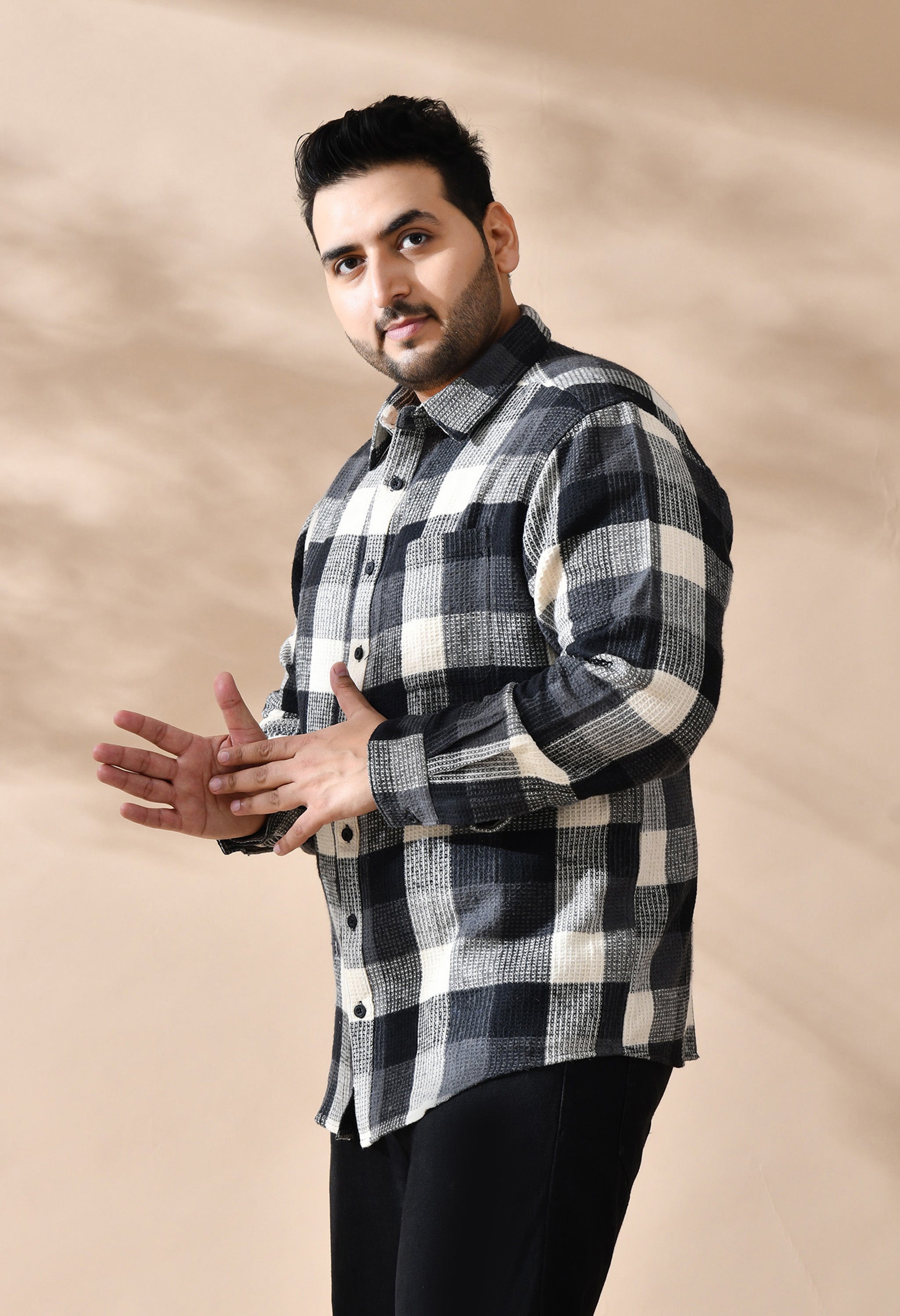 Men Brushed Flannel Cotton Black and Grey Stripes Classic Fit Pocket Smart Casual Shirt style-1221