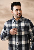Men Brushed Flannel Cotton Black and Grey Stripes Classic Fit Pocket Smart Casual Shirt style-1221