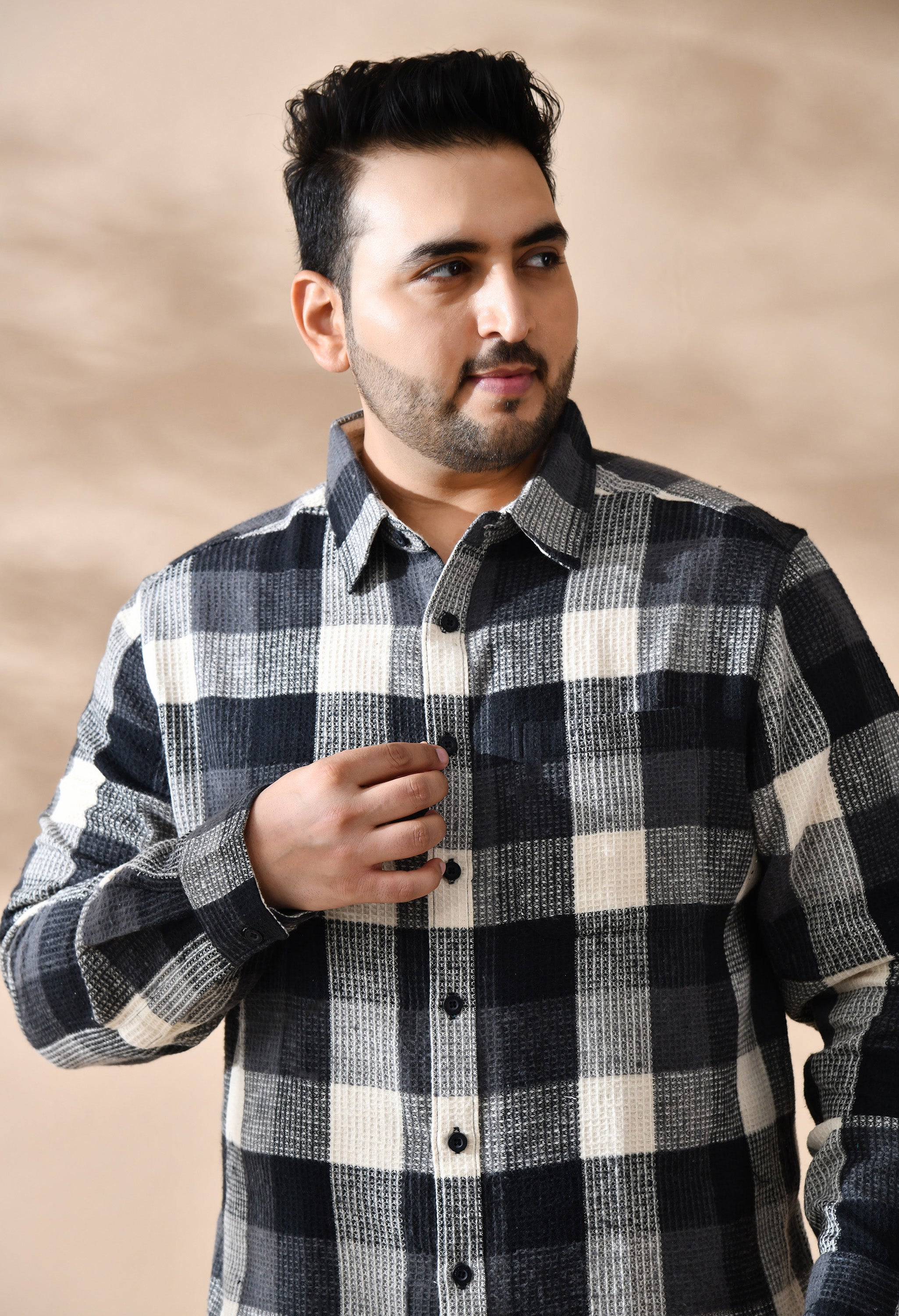 Men Brushed Flannel Cotton Black and Grey Stripes Classic Fit Pocket Smart Casual Shirt style-1221