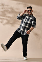 Men Brushed Flannel Cotton Black and Grey Stripes Classic Fit Pocket Smart Casual Shirt style-1221