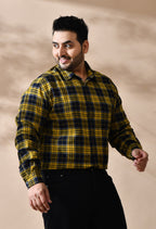 Men Brushed Flannel Yellow Black and White Checkered Classic Fit 1 Pocket Smart Casual Shirt Style- 1204-Yellow