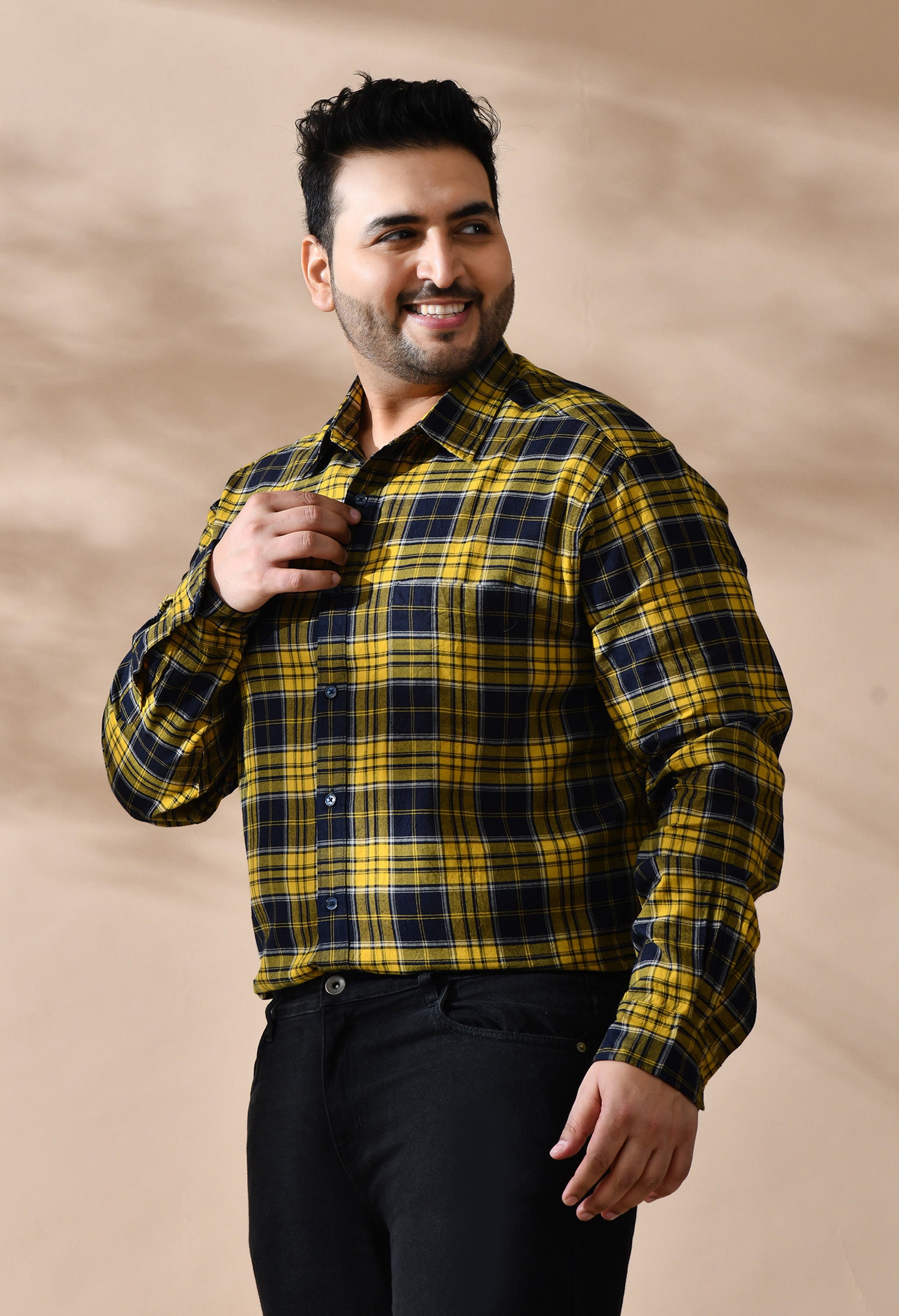 Men Brushed Flannel Yellow Black and White Checkered Classic Fit 1 Pocket Smart Casual Shirt Style- 1204-Yellow