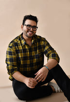 Men Brushed Flannel Yellow Black and White Checkered Classic Fit 1 Pocket Smart Casual Shirt Style- 1204-Yellow