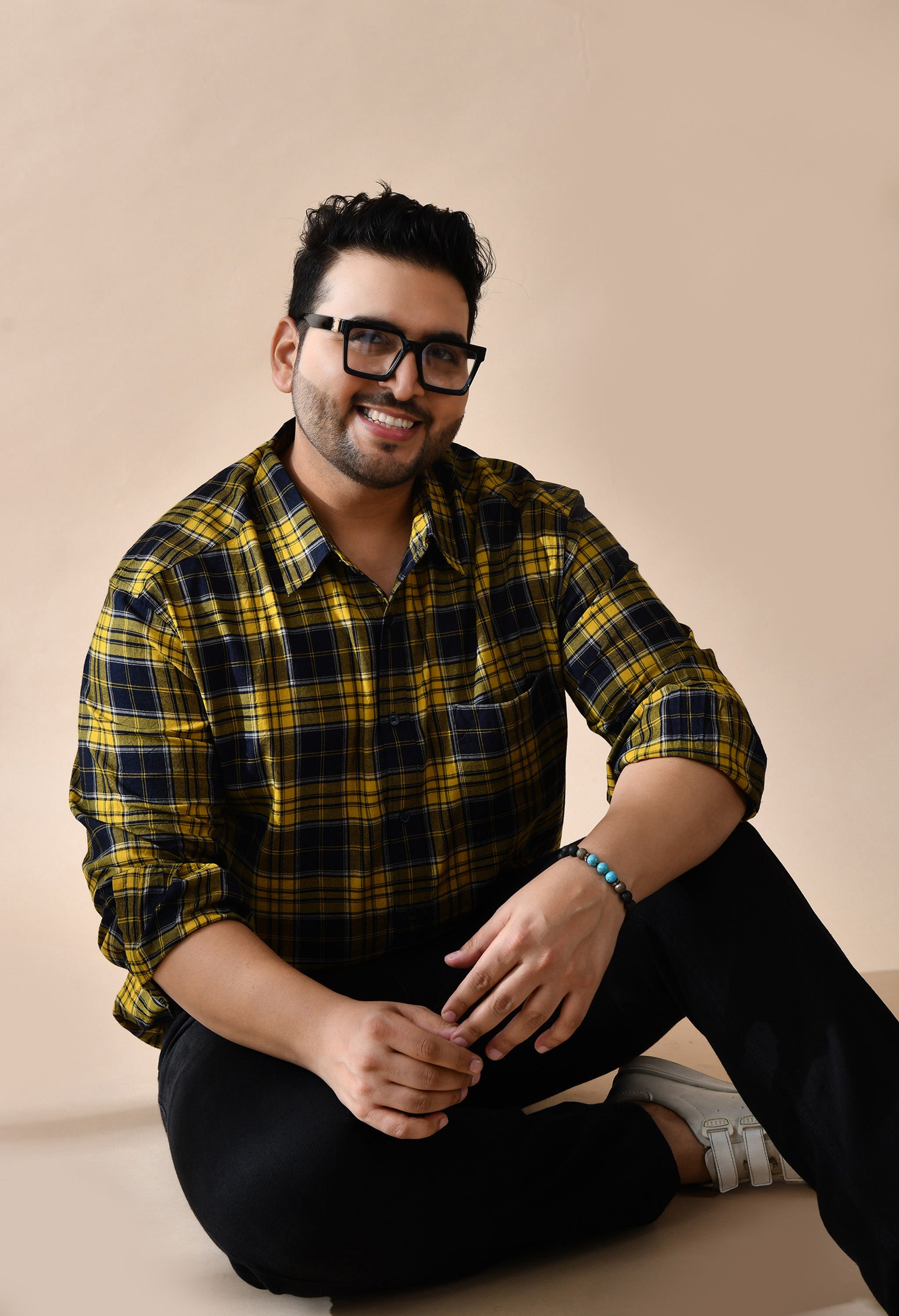 Men Brushed Flannel Yellow Black and White Checkered Classic Fit 1 Pocket Smart Casual Shirt Style- 1204-Yellow