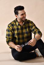 Men Brushed Flannel Yellow Black and White Checkered Classic Fit 1 Pocket Smart Casual Shirt Style- 1204-Yellow