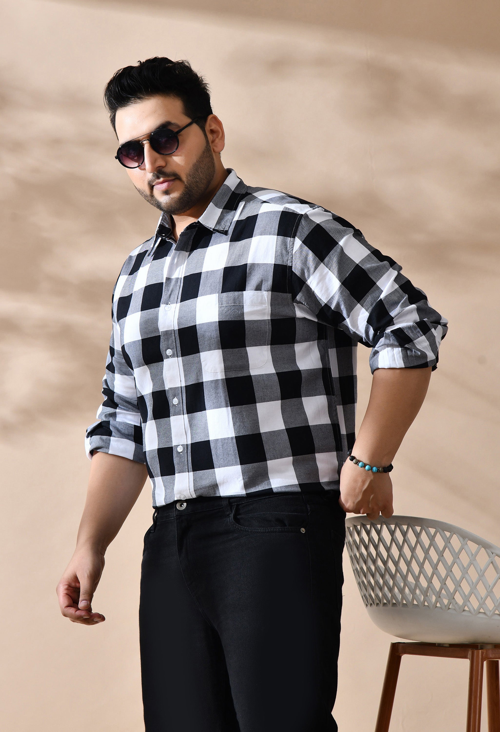 Men Black and White Checkered Classic Fit 1 Pocket Smart Casual Shirt