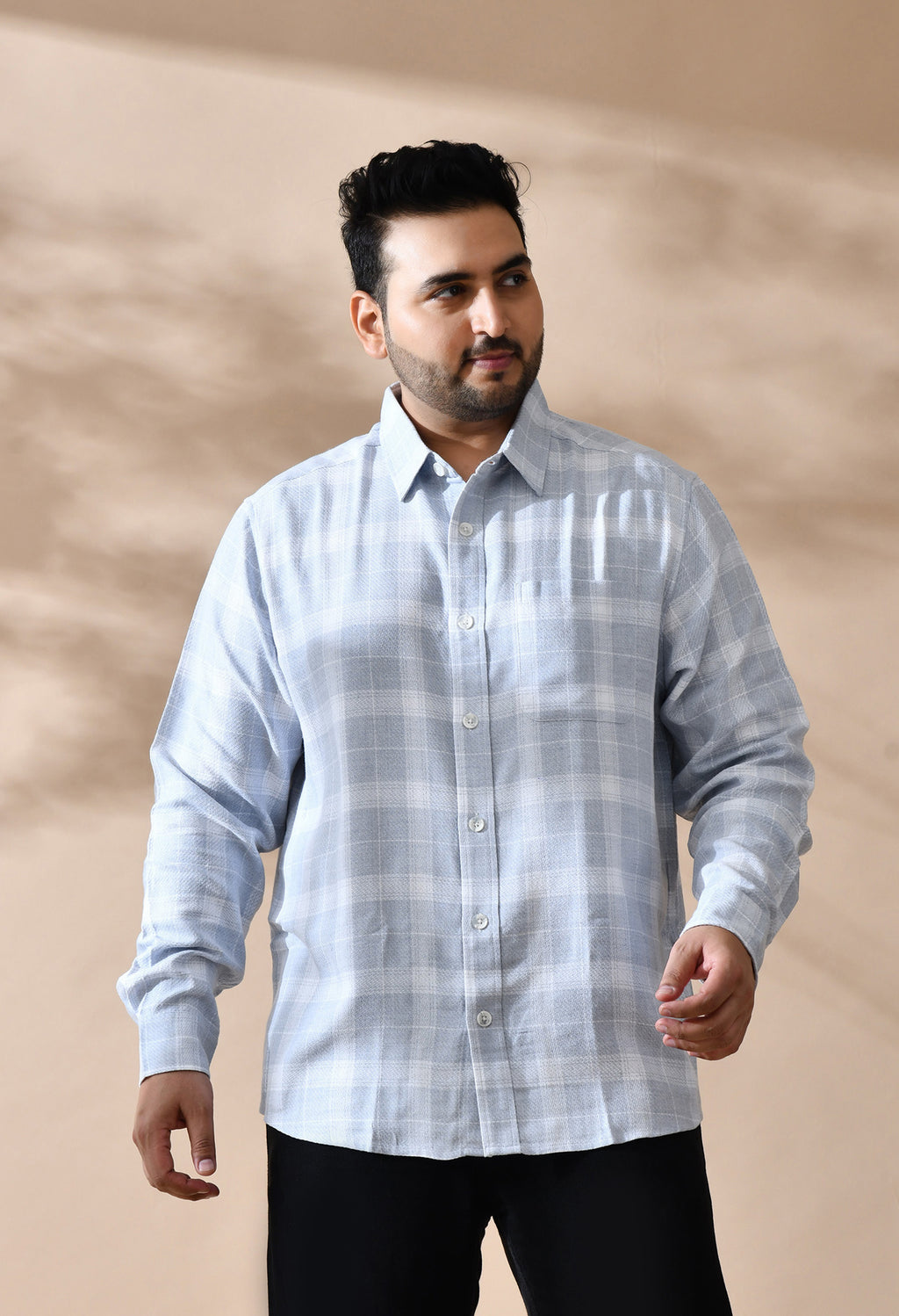 Men Cotton Light Grey and White Pestel Shade Checkered Classic Fit Pocket Smart Casual Shirt Style-1212-Grey