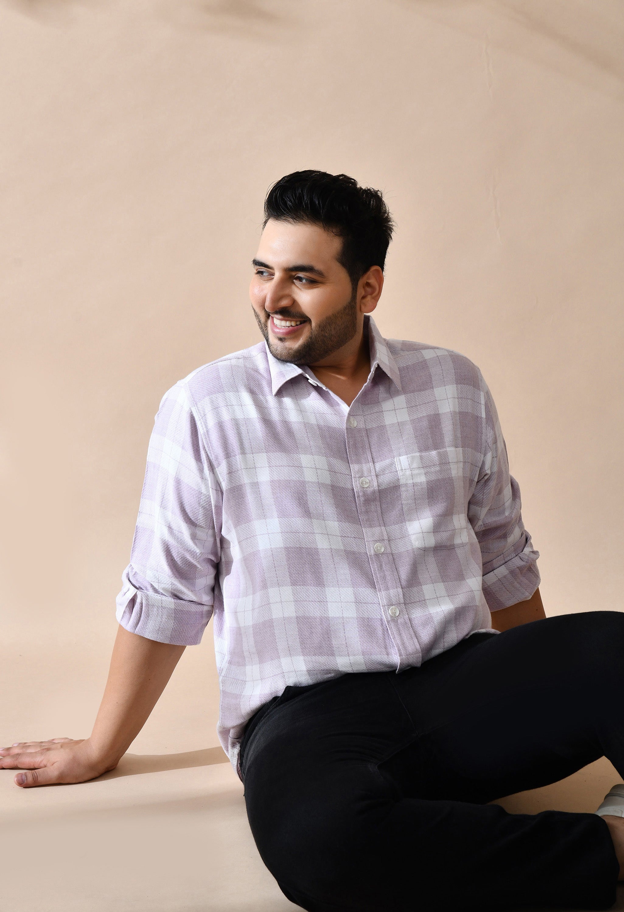 Men Cotton Light Peach and White Pestel Shade Checkered Classic Fit Pocket Smart Casual Shirt Style-1212-Purple