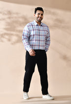 Men Sky Blue and White Checkered Classic Fit 1 Pocket Smart Casual Shirt