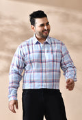 Men Sky Blue and White Checkered Classic Fit 1 Pocket Smart Casual Shirt