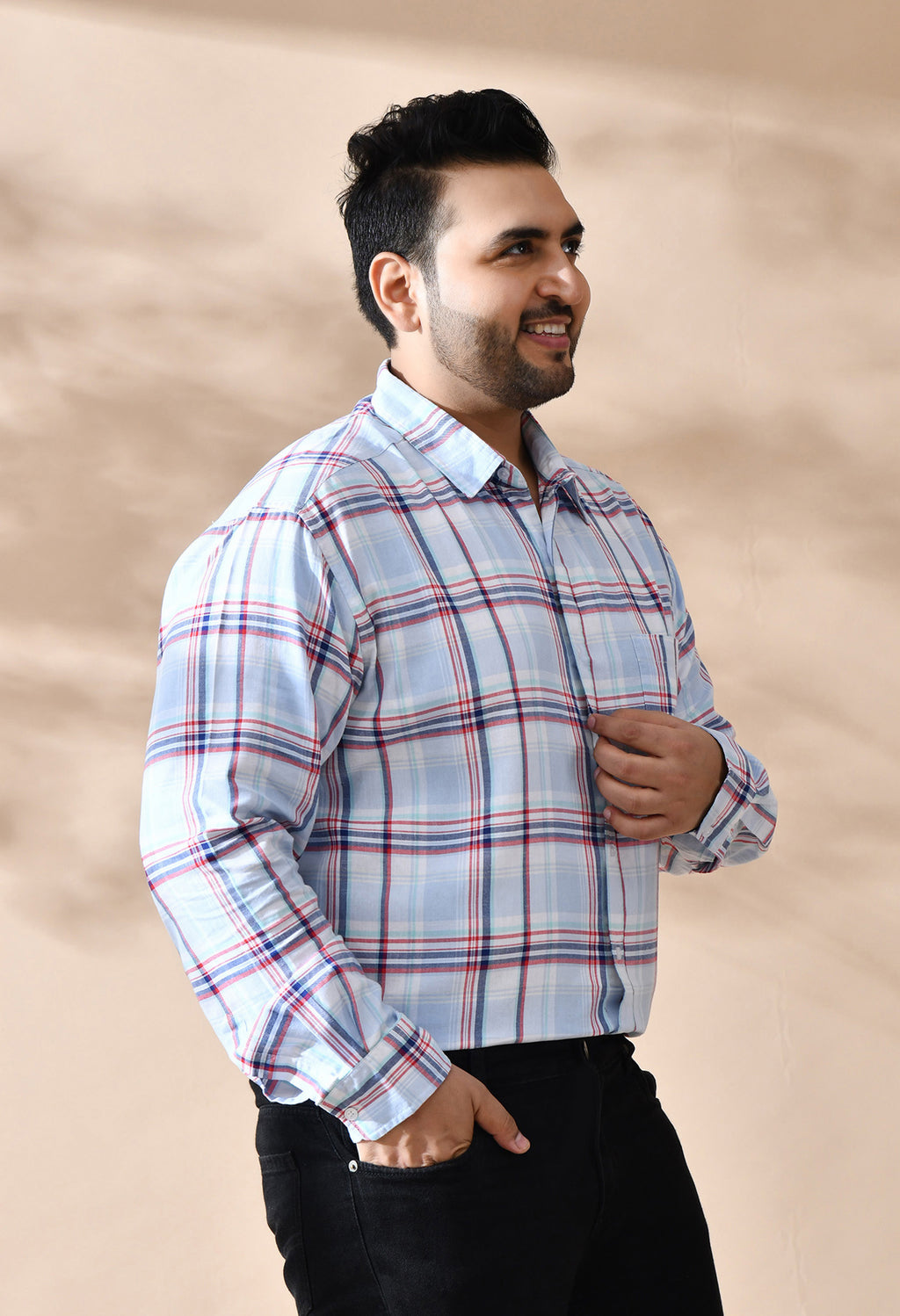Men Sky Blue and White Checkered Classic Fit 1 Pocket Smart Casual Shirt