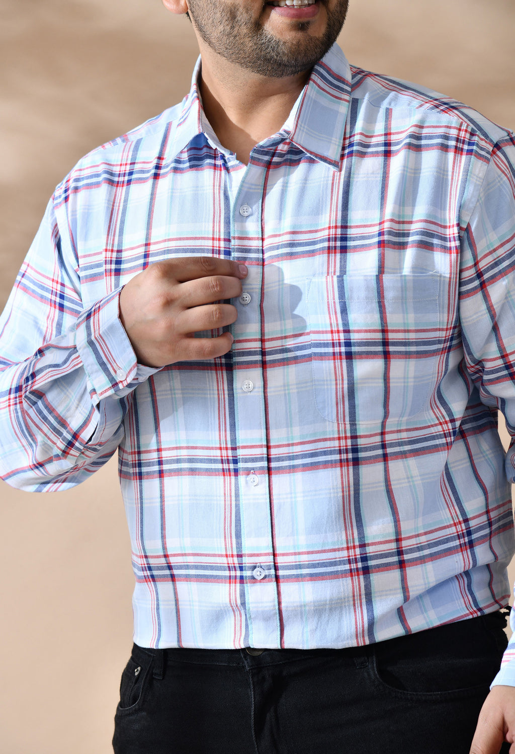 Men Sky Blue and White Checkered Classic Fit 1 Pocket Smart Casual Shirt