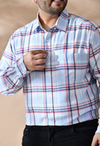 Men Sky Blue and White Checkered Classic Fit 1 Pocket Smart Casual Shirt