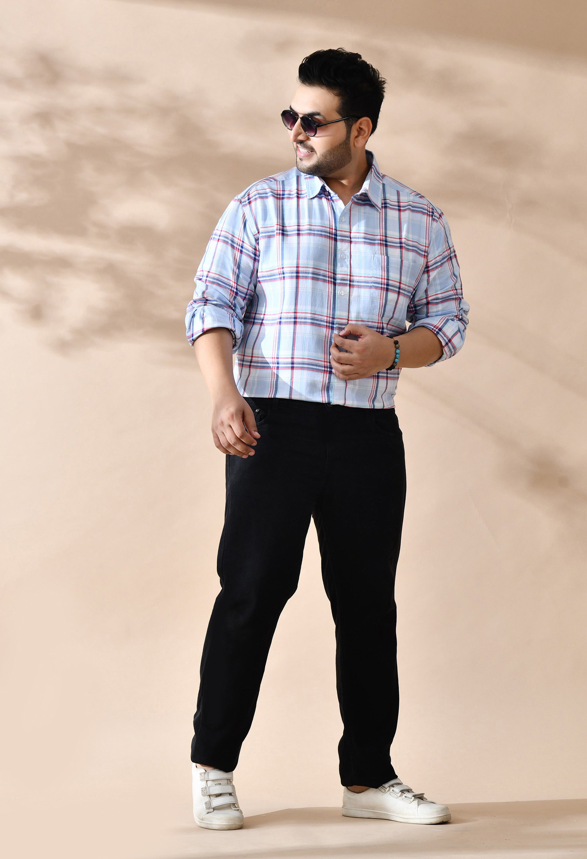 Men Sky Blue and White Checkered Classic Fit 1 Pocket Smart Casual Shirt