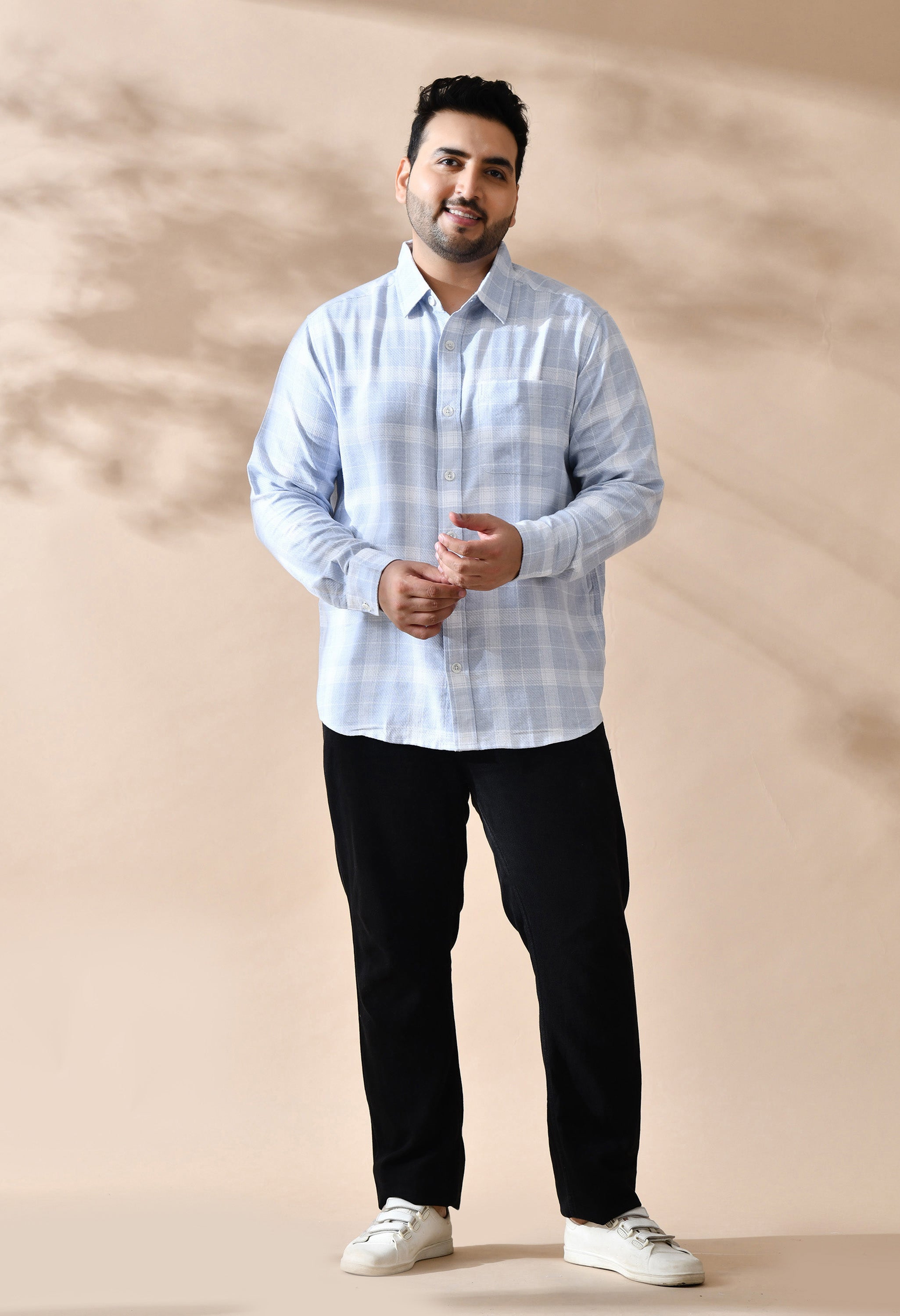 Men Cotton Light Blue and White Pestel Shade Checkered Classic Fit Pocket Smart Casual Shirt Style- 1212-Blue