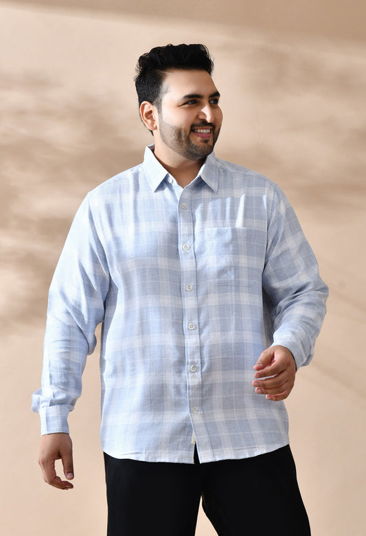 Men Cotton Light Blue and White Pestal Shade Checkered Classic Fit Pocket Smart Casual Shirt